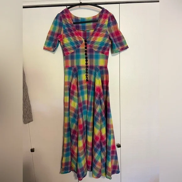 Retro inspired Handmade Cutesy Rainbow Plaid Women's Dress - Picture 1 of 9